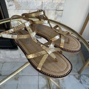 Sam Edelman Gold Metallic T-Strap Beaded Sandals